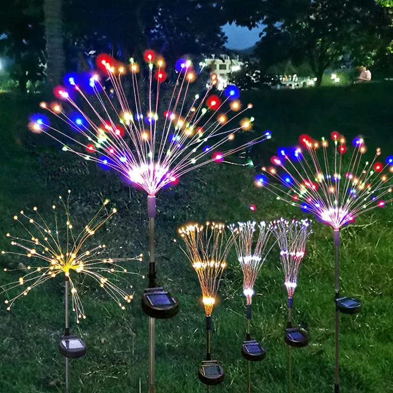 أضواء الألعاب النارية الشمسية LED String Copper 90led 120 LED 150LED Solar Garden Lights في الهواء الطلق مقاوم للماء 2 أوضاع 8 إضاءة Twinkling LL