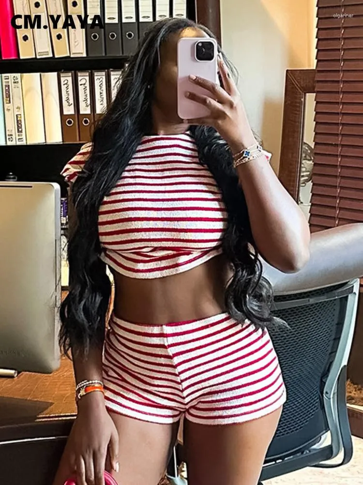 Women's Tracksuits CM. Fashion Striped Set Batwing Short Sleeve T-shirt And Shorts 2023 Street Two 2 Piece Sets Outfit Tracksuit