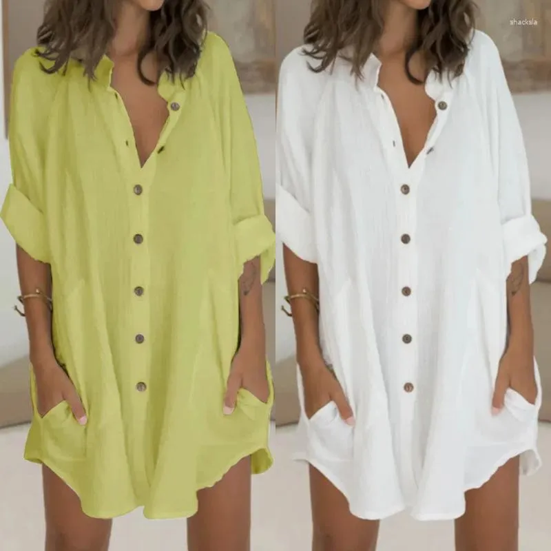 Women's Polos 2023 Cotton And Linen Buttoned Mid-length Short-sleeved Loose Shirt Ladies Tops Camisas Shirts Fit