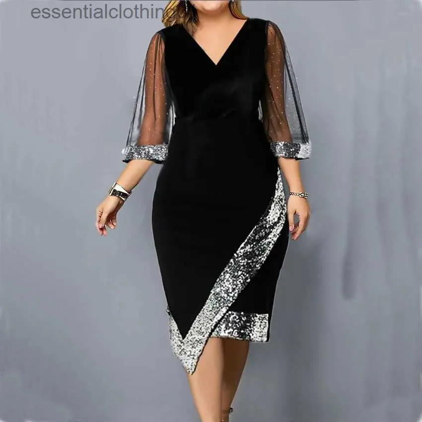 Grundläggande casual klänningar plus storlek Evening Party Dress for Women 2023 Elegant paljett V Neck Mesh Sleeve Velvet Oregelbundet formellt tillfälle klänning Vestidos L230918