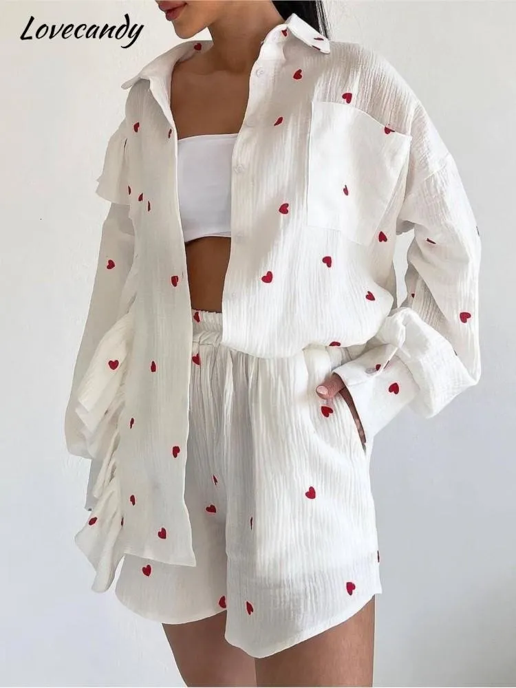 Women's Tracksuits Cotton Women Tracksuit Shirt Shorts Two Piece Set Fashion Ruffle Love Long Sleeve Suit 2023 Summer Casual Female Outfits 230915