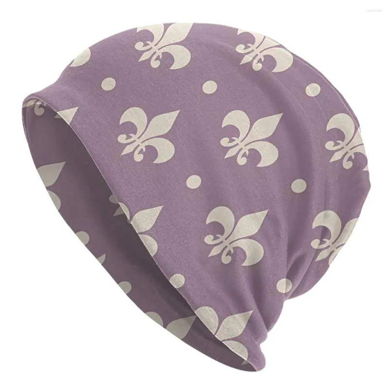 Bérets Bonnet Chapeaux Fleur De Lys Hommes Femmes Motif Argent Sur Fond Violet Casquette Street Skullies Bonnets Casquettes