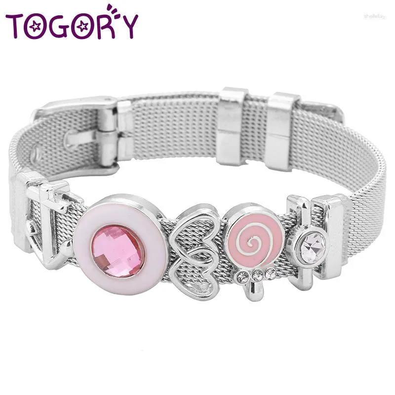 Charm armband rosa lollipop glidarmband för kvinnor barn rostfritt stål hjärta till mesh pulsera smycken gåva