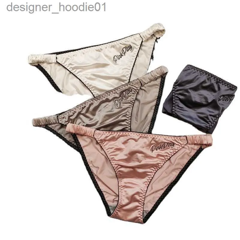 Sexy conjunto feminino de seda macia cetim tanga calcinha renda g string tanga t volta brilhante roupa interior feminina l230918