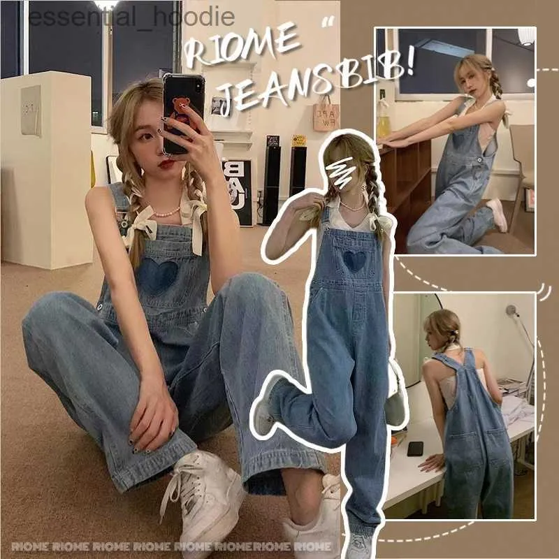 Kvinnors jumpsuits rompers älskar söta denim overall kvinnor hög midja jumpsuit lösa raka byxor sommar tunna breda benbyxor hängslen l230918