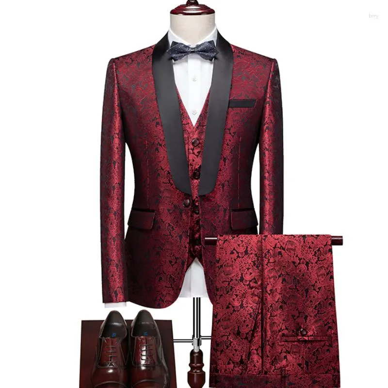 Мужские костюмы (куртка, жилет и брюки) Высококачественные мужские повседневные деловые классические красные свадебные облегающие костюмы для выпускного вечера мужские