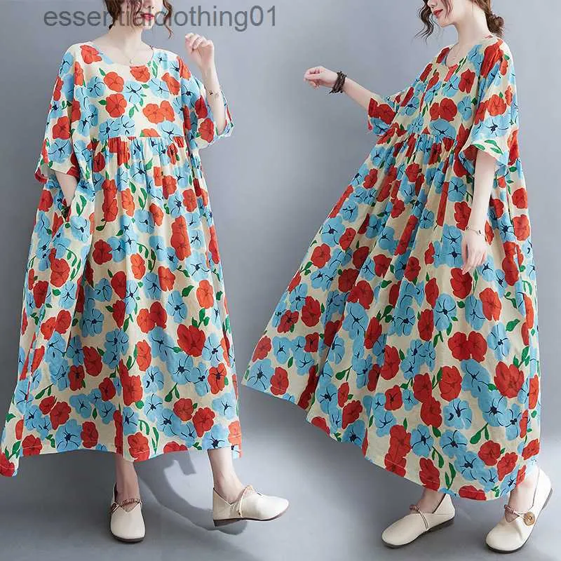 Basic Casual Dresses Summer Plus Fat Plus Large Dress Fat Girls Round Neck Short Sleeve Printed Midi Dress Summer Clothes For Women Chiffon Dress L230918