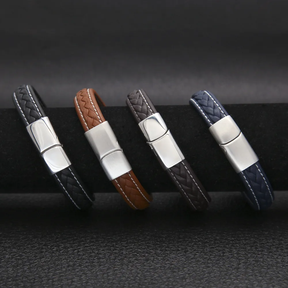 Fashion Hand-woven Mens Bracelet Bangle Punk Lambskin Leather Bracelet Stainless Steel Buckle Bracelet Party Jewelry Friends Gift