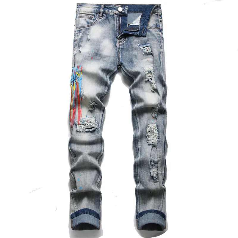 Mens Robin jeans lapptäcke nödställda denim byxor mager fit smala stretch tofsels broderi mäns rippade jean hål storlek 29-38 grå