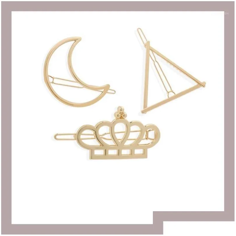 Hårtillbehör Fashion Geometric Moon Crown Triangle Gold Metal Alloy Hollow Clips Korean Hairpins Barrettes For Women Girls Drop de Dhpiw