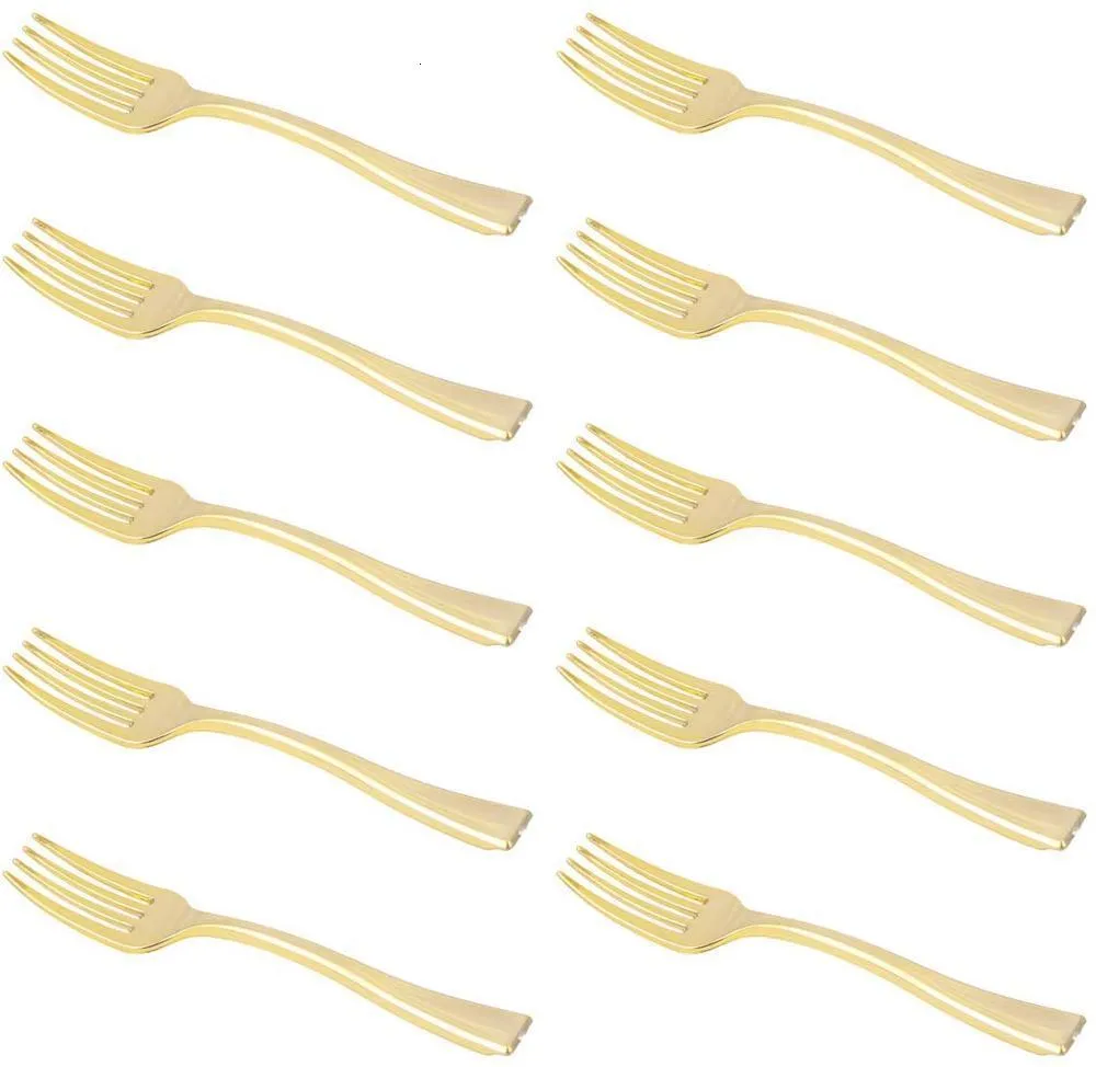 Disposable Dinnerware 4 Inches Mini Gold Disposable Plastic Forks Heavy Duty Fruit Dessert Cutlery Plastic Silverware Perfect for Weddings Parties 230918