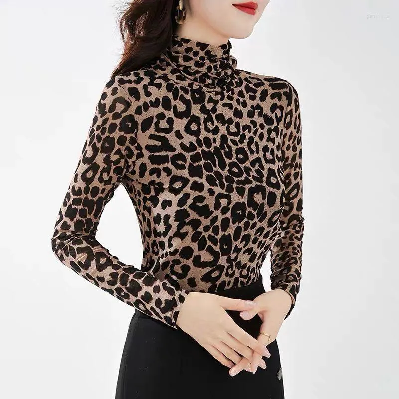 Women's T Shirts Fashion Slim Turtleneck Leopard Printed Tops Autumn Winter Fleece Long Sleeve Vintage Casual T-shirt Female Clothing