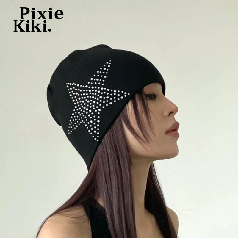 Beanie/Skull Caps Pixiekiki Star Black Sticked Beanies for Women Trashy Y2K Accessories Winter Hat Streetwear P65-Bz10 230915