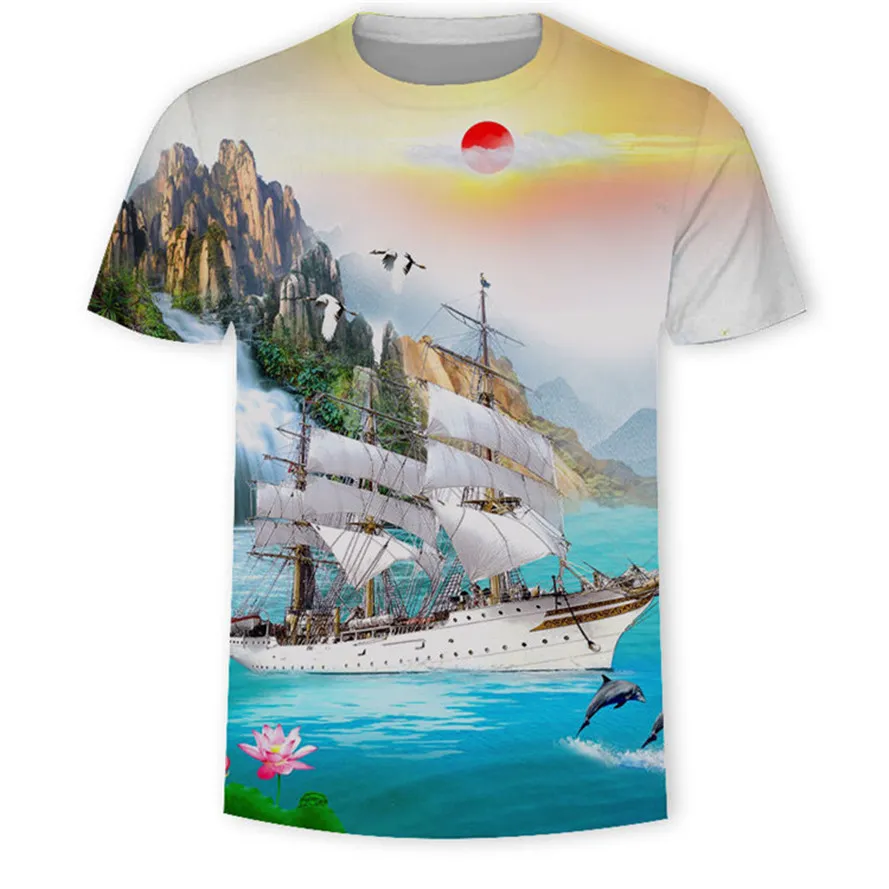 Camisetas personalizadas Polos 874 Camisetas transfronterizas de comercio exterior europeo y americano para hombres Paisaje de verano Impresión digital 3D Cuello redondo Top de manga corta al por mayor