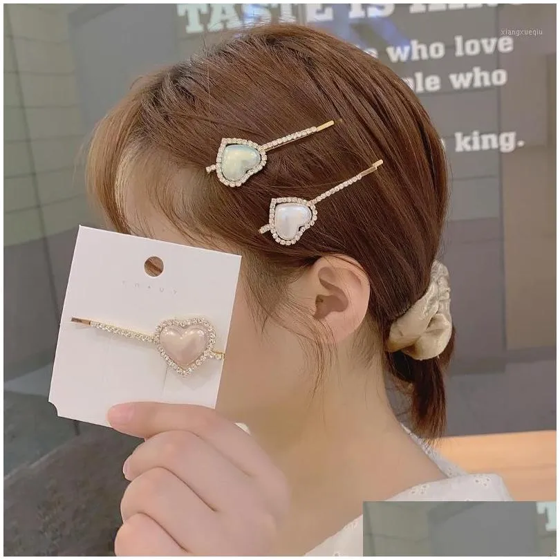 Hårtillbehör klipp Barrettes Sydkorea Dongdaemun Pearl Love Hairpin Girl Side Liu Seaside Clip Simple Metal Duckbill With Gem D DHY41