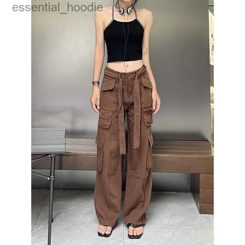 Kvinnors jumpsuits Rompers Daduhey New American Ins Brown Multi-Pocket Overalls Loose Wide Ben Pants Fashion Plus Size Women's Clothing L230918