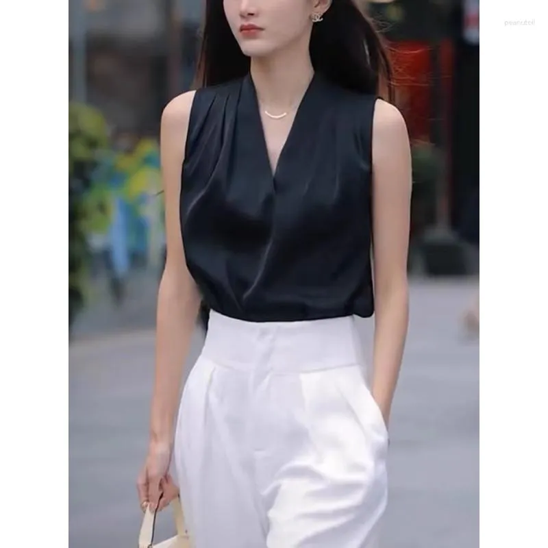 Women's Blouses Shirt Satin Chiffon Halter Neck Black Top White Sleeveless V-neck Commuter Blouse Women Camisas