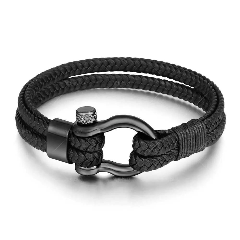 New Leather Rope Woven Horseshoe Buckle Stainless Steel Bracelet for Men's Accessories Titanium Steel Jewelry Bracelet