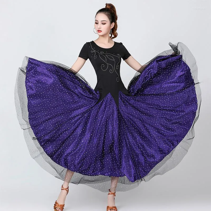 Сценическая одежда, платье для бальных танцев, женское фиолетовое стандартное танцевальное платье с коротким рукавом, женский костюм для соревнований по вальсу
