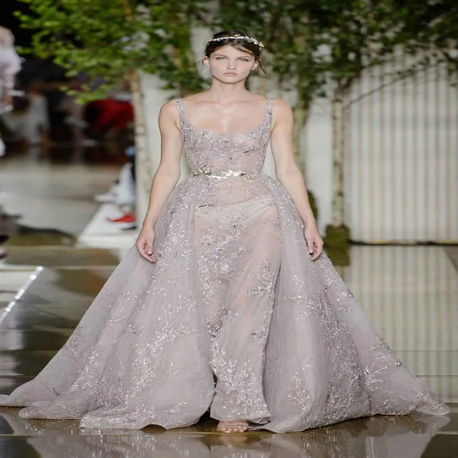 Zuhair Murad Overkirt الفساتين الرسمية الفساتين المسائية ارتداء سجد العنق على غرار سهرة بالخرز المسح القطار Tulle ثوب حفلة موسيقية 252L