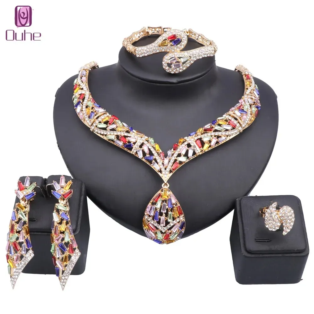 Ensemble de bijoux de luxe couleur or dubaï, collier en cristal élégant pour femmes italiennes, boucles d'oreilles, bague, Bracelet, accessoires de fête de mariage