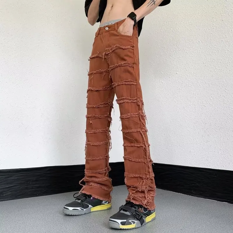 Męskie dżinsy mężczyźni proste dżinsy Patchwork Browntrousers Fashion Vintage postrzępione dżinsowe spodnie Mężczyźni swobodne spodnie podarte dna dżinsy 230918