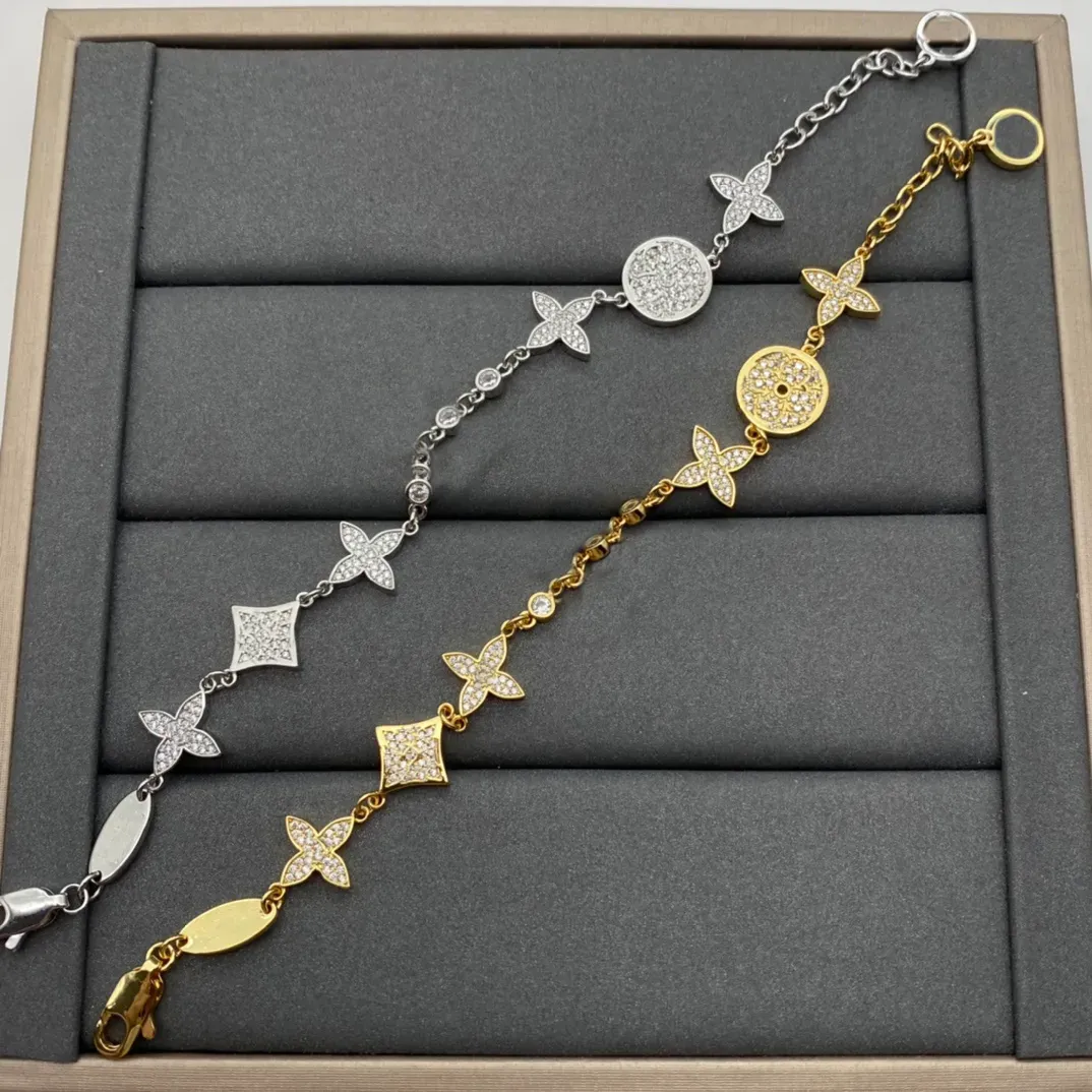 Bracelet à chaîne pour femmes de qualité classique, Bracelet classique à fleurs et diamants en argent 925 pour hommes
