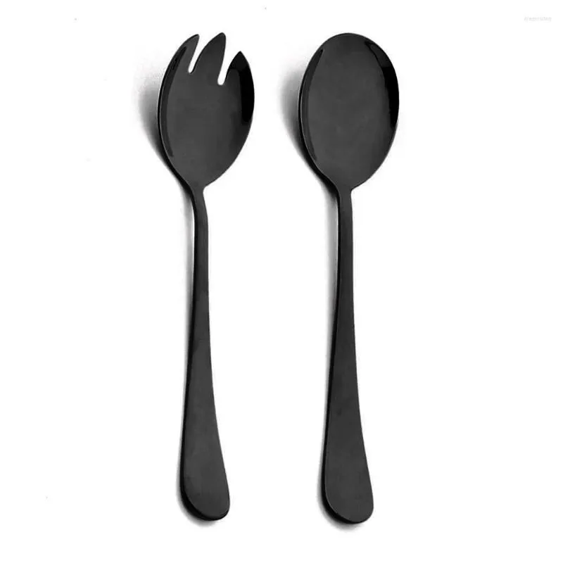 Spoons 2Pcs Black Salad Spoon Fork Stainless Steel Dessert Cutlery Set Serving Kitchen Utensils Accessorie Tableware
