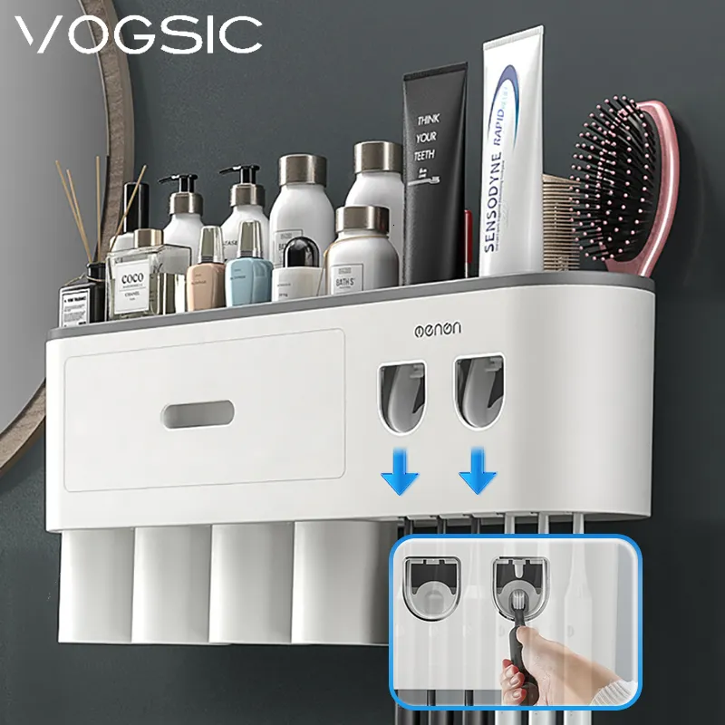 VOGSIC porte-brosse à dents magnétique support de rangement mural tasses avec 2 distributeur de dentifrice pour organisateur à domicile ensemble d'accessoires de salle de bain 230918