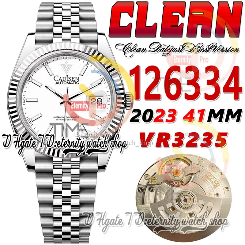 Clean CF Data 41mm 126334 VR3235 Automatic Mens Watch Canelada Bezel Branco Dial Stick Marcadores 904L JubileeSteel Pulseira Super Edition Eternity Hombre Relógios de Pulso