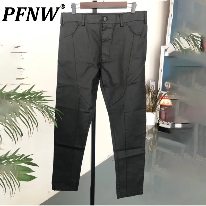 Jeans masculinos PFNW 2023 Darkwear urbano sólido encerado nicho design calças de carga elástica casual denim calças moda corte algodão 12a5209 230918