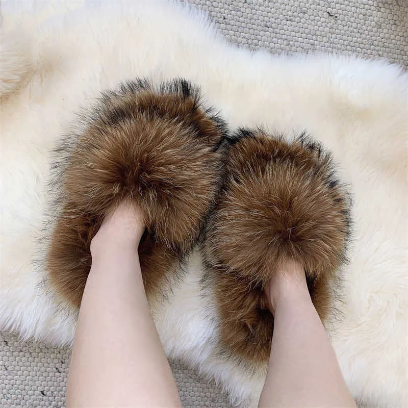 Real Raccoon Brown Teddy Fur Slides 2.0 With Fox Fur Babiq05 PVC Fur ...