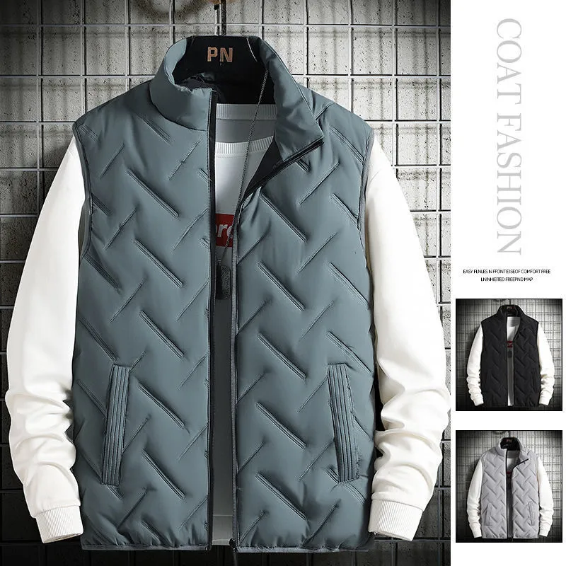 Men's Vests Winter Warm Men's Jacket Sleeveless Zipper Vest Solid Color Casual Vests Cotton-Padded Thickened Stand Collar Wear Outside 230918