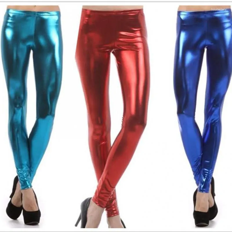 Kvinnors leggings plus size latex metallisk godis färg faux läder ben