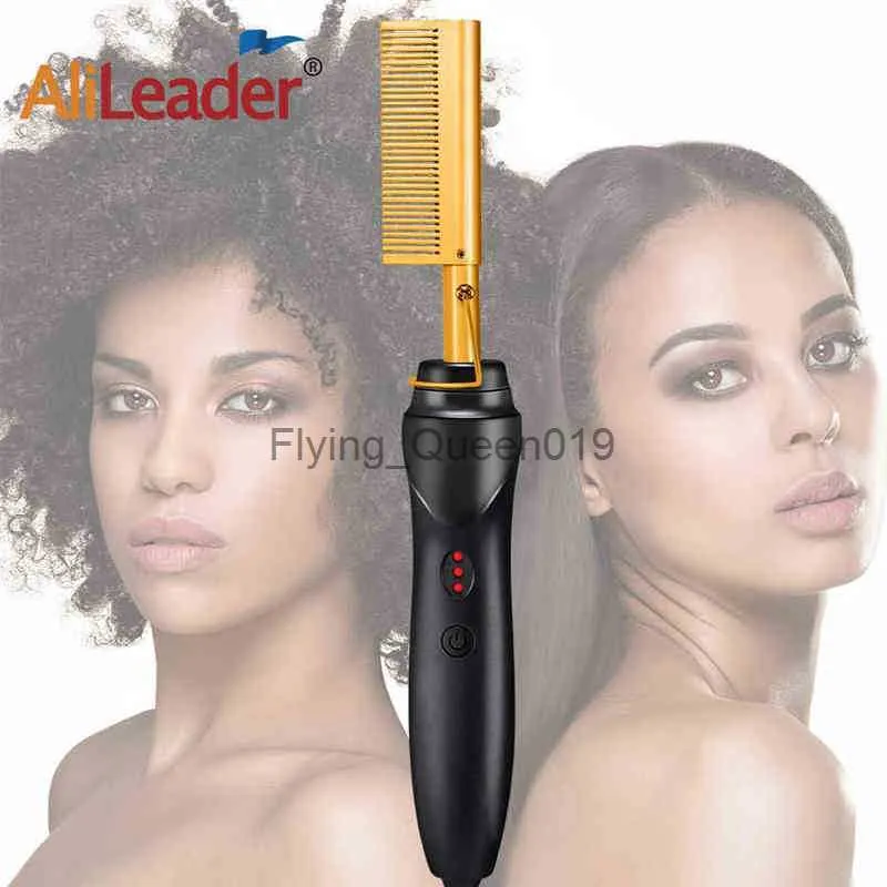 Encrespadores de cabelo alisadores pente quente pentes de aquecimento elétrico cerâmico calor pressionando escova alisador curling para perucas de barba preta natural 0918