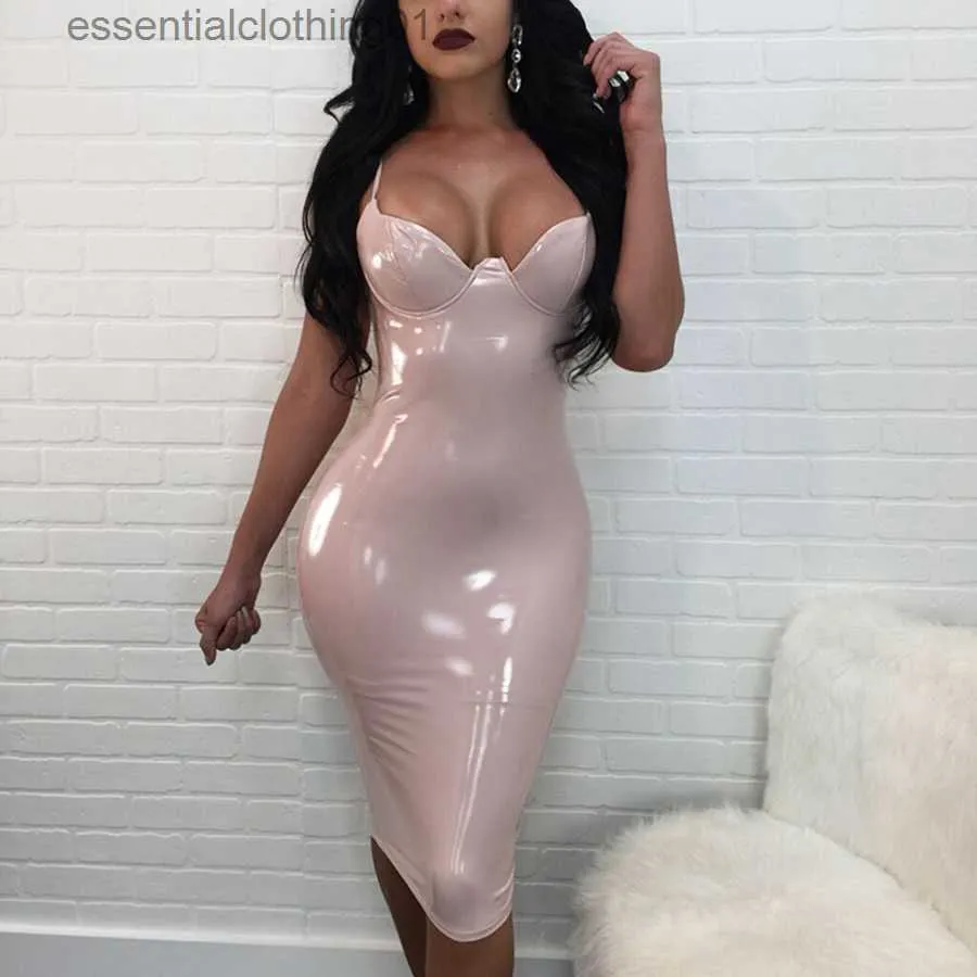 Robes décontractées de base Nouvelle Robe d'été chaude femmes Sexy Party Club Robe nouvelle Robe Femme PU Robe Latex brillant Sexy moulante Robe mi-longue M-4XL L230918