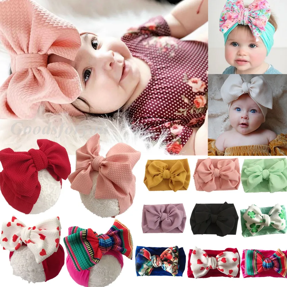 Söt baby tryckt Big Bowknot pannband Baby Girl Turban Soft Elastic Bow Hair Band för nyfödda barn Kid Head Wrap Hair Accessories