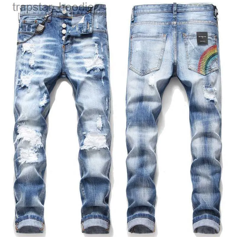 Jeans voor heren Unieke heren Distressed Ripped Skinny Blue Jeans Herenmode Slim Fit Washed Motocycle Denim Broek Hiphop Bikerbroeken met panelen 1049 L230918