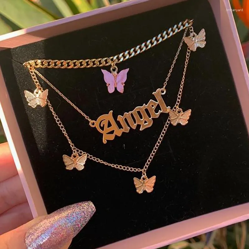 Hanger Kettingen Goud Kleur Zilver Multi-layer Voor Vrouwen Vlinder Letter ANGEL Dikke Ketting Dunne Ketting