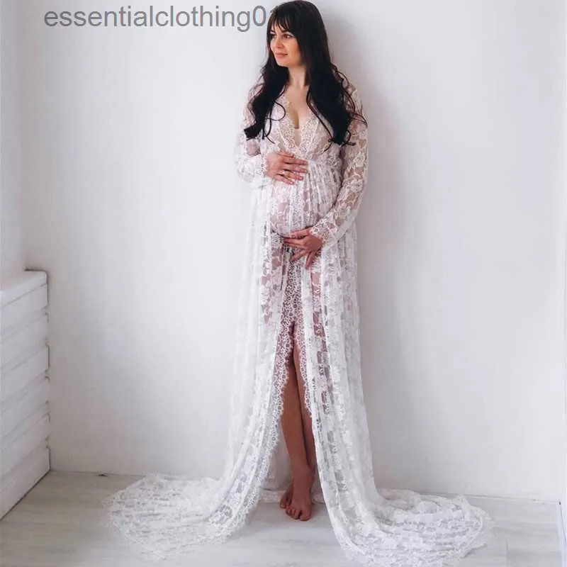 Basic Casual Dresses Lace Stitching Sexy Photo Dress Pregnant Woman Sexy Front Fork Fancy Pregnancy Dresses For Baby Showers Gown Photography Props L230918