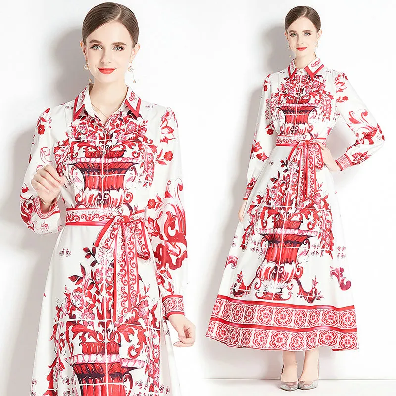 Femmes Boutique robe imprimée à manches longues robes avec nœud printemps automne robes imprimées tempérament haut de gamme dame robe longue robes de piste de soirée