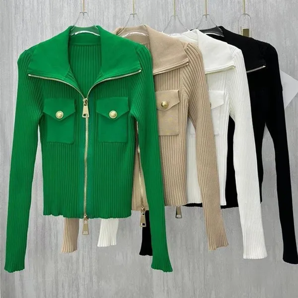 New High Quality Women Long Sleeve Solid Jackets Sweater Knitted Tops Coat Lapel Neck Zipper Front Female Casual Sexy Slim Outerwear Coats Party High Street Wear