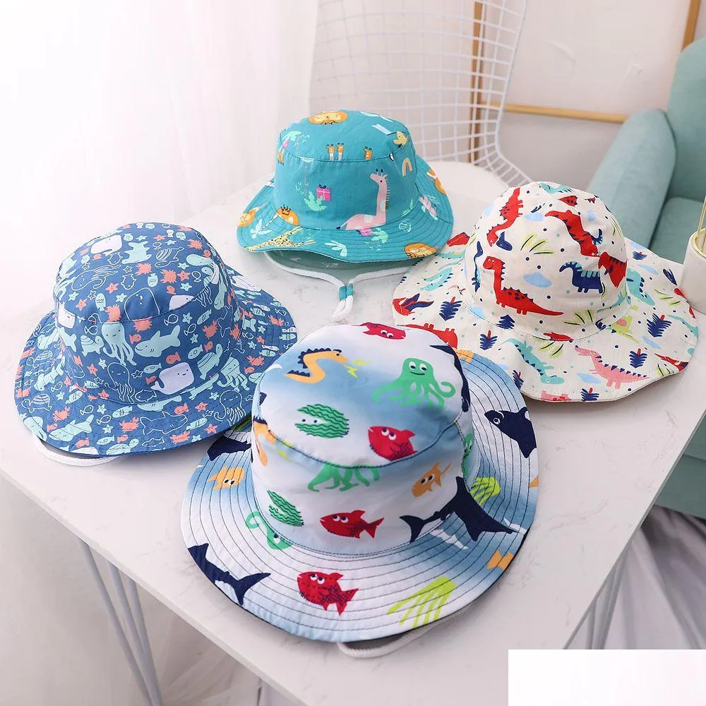 Caps Hats Spring Summer Thin Cartoon Dinosaur Print Baby Bucket Hat Cotton Fisherman Kids Toddler Boys Girls Panama Sun Cap Drop Deliv Dh53B