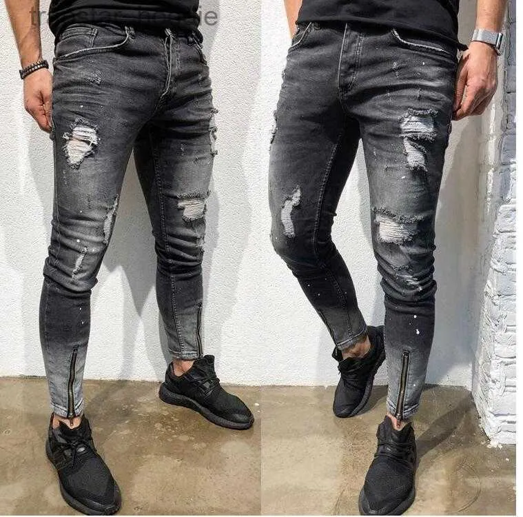 Jeans masculinos homens elegante rasgado magro jeans moda designer lavado zíper painéis motociclista reto desgastado estiramento denim calças streetwear calças l230918