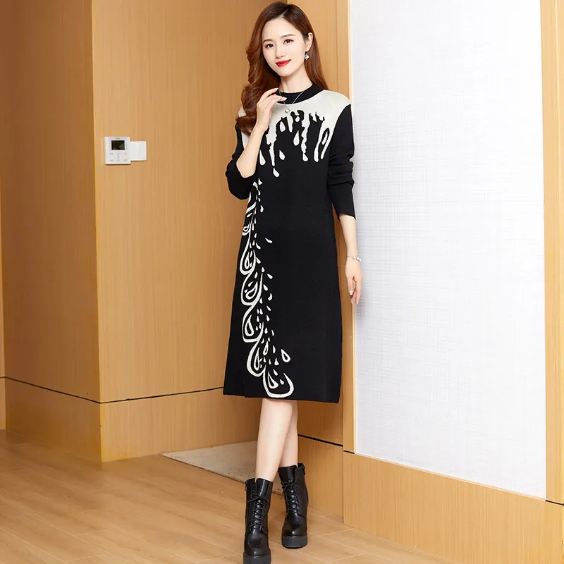 2023 Fashion Graphic Sweaters Dress Autumn Winter Designer Contrast Color Vacation Party Knitted jumper Dresses Long Sleeve Women O-Neck Slim Elegant Midi Frocks