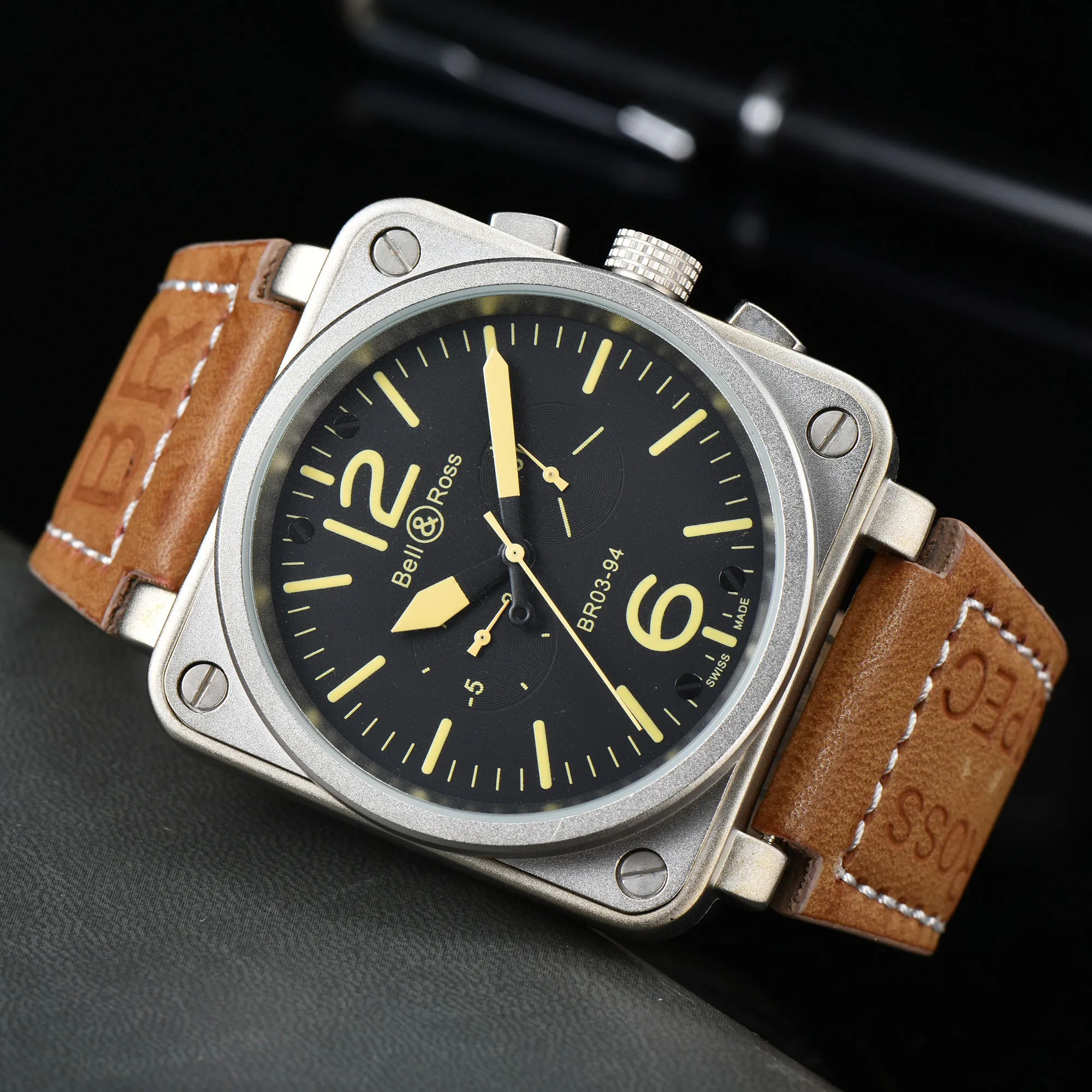 2023 Beller New Mens Wristwatches 남자 자동 기계식 시계 벨 브라운 가죽 검은 색 로스 고무 손목 시계 선물 #723br