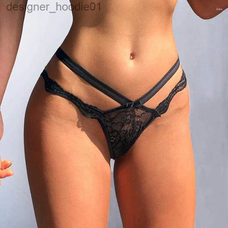 Sexig uppsättning kvinnors trosor transparent spets g-sträng sexig ihålig dam underkläder frestelse mesh t-panty sömlös kvinna t-back tanga l230918