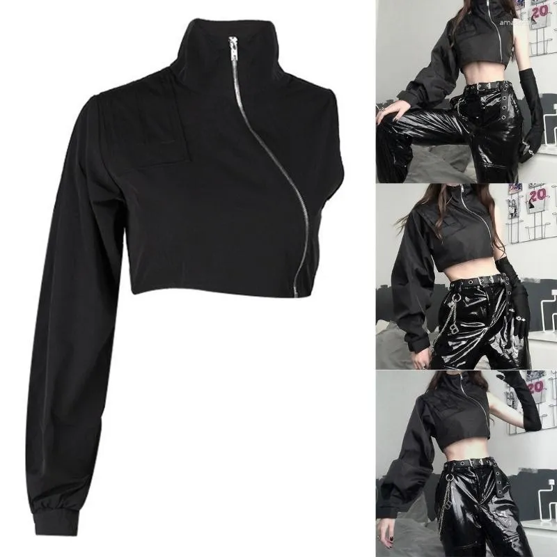 Women's Hoodies Long Sleeve One Shoulder Crop Top Tooling Style Blouses Shirt Streetwear H9ED