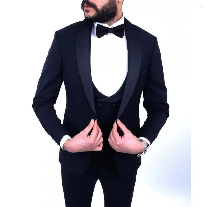 Herrenanzüge Sommer Slim Fit Schwarzer Anzug für Hochzeit Smoking Satin Schal Revers Abendkleid 3-teiliges Herren-Set nach Maß