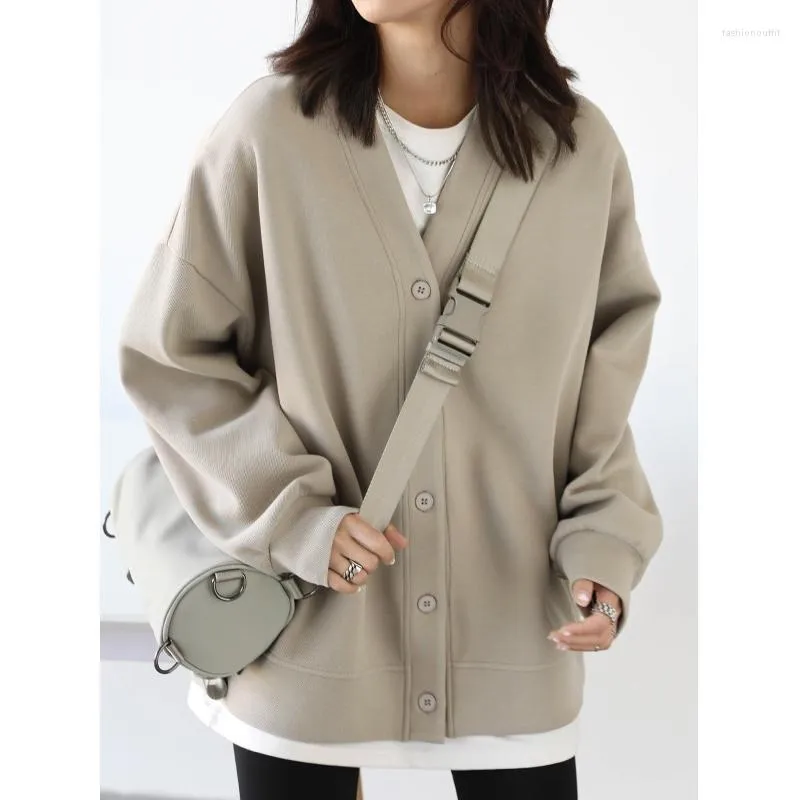 Hoodies femininos coreano outono inverno esportes casaco casual solto com decote em v moletom para mulheres grosso quente topos senhora do escritório feminino